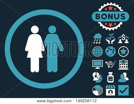 Human Couple icon with bonus design elements. Vector illustration style is flat iconic bicolor symbols blue and white colors dark blue background.