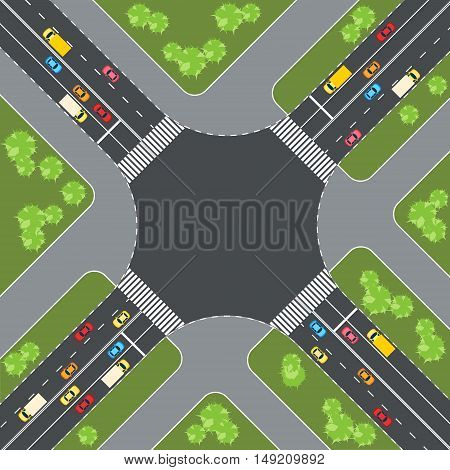 Aerial view of cars at intersection vector illustration