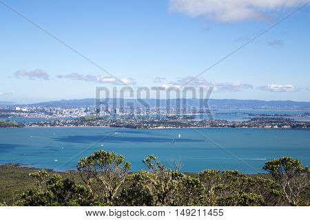 Auckland, New Zealand - April 19, 2015: City skyline as seen from volcano Rangitoto