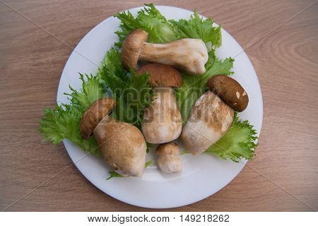 mushrooms and salad on a wooden table