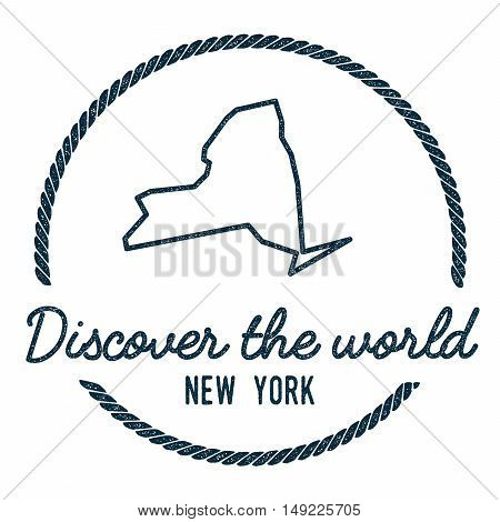New York Map Outline. Vintage Discover The World Rubber Stamp With New York Map. Hipster Style Nauti
