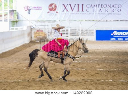 GUADALAJARA MEXICO - SEP 01 : Charra participates at the 23rd International Mariachi & Charros festival in Guadalajara Mexico on September 01 2016.