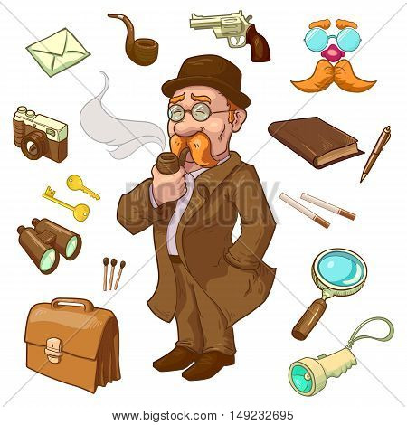 Private eye character in hat and glasses with smoking pipe briefcase gun and binoculars isolated vector illustration