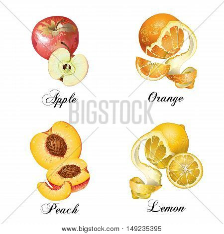 Vector realistic fruits set isolated on white. Peach, lemon, apple, orange. Design for natural cosmetics, candy, ice cream sweets and pasties filled with fruits, diet and health care products.