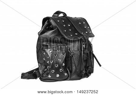 chic luxury leather black bag with clip lock sling diamond studs and dual small bag zipper for women on white background and side view isolated included clipping path