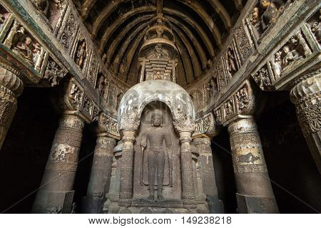 AJanta caves, India - March 3, 2016: Statue of Buddha in Ajanta caves near Aurangabad, Maharashtra state in India