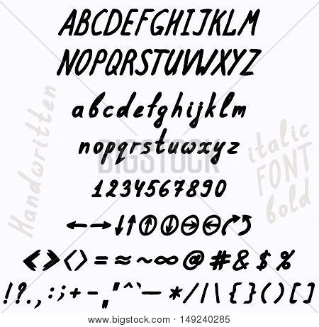 Handwritten bold and italics font. The set of numbers of uppercase and lowercase letters punctuation marks and arrows.