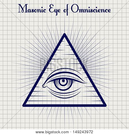 Ball pen sketch of masonic eye of Omniscience on notebook background. Vector illustration