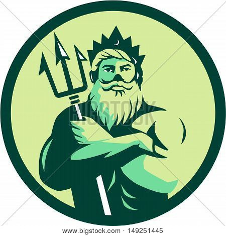 Illustration of triton mythological god arms crossed holding trident viewed from front set inside circle on isolated background done in retro style.