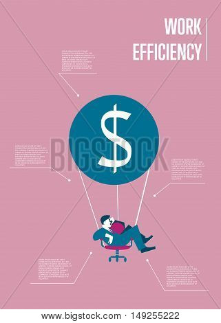 Young businessman flying on hot air balloon with office chair instead of basket. Work efficiency infographics template, vector illustration. Abstract work smarter concept with space for text