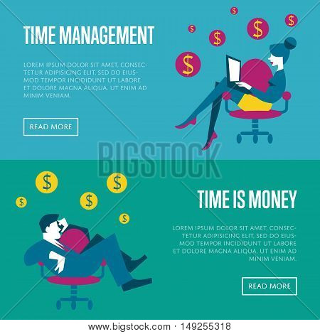 Business woman with laptop sitting in office chair on blue background. Businessman with smartphone sitting in office chair on green background. Time management and time is money website templates.