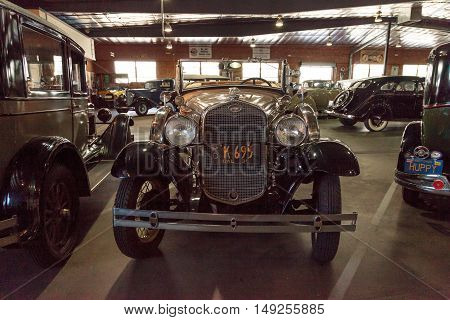 El Segundo, CA, USA - September 26, 2016: 1931 Ford Model A Roadster with a quail hood ornament displayed at the Automobile Driving Museum in El Segundo, California, United States. Editorial use only.