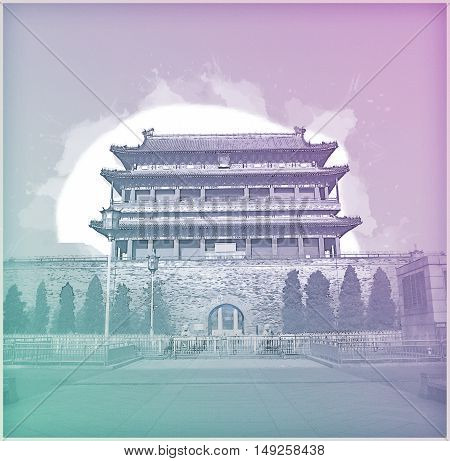 Beijing, China at the Zhengyangmen Gatehouse in Tiananmen Square. Beautiful historical building at sunset. Vintage painting, background illustration