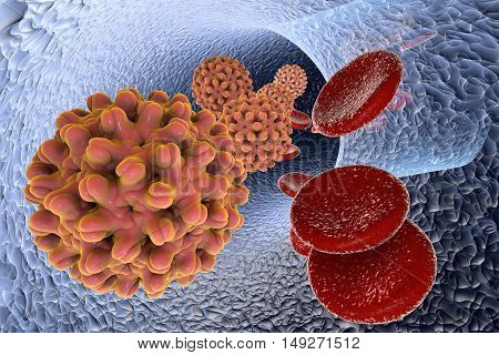 Hepatitis B virus in blood vessel with red blood cells, 3D illustration