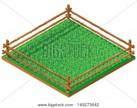 Fenced meadow. Pasture for farm animals. 3D isometric view. Vector illustration.
