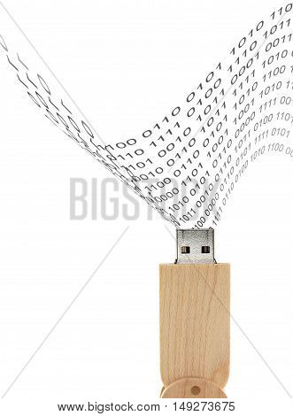 closeup brown wooden usb flash drive with binary coded decimal stream is flowing into device, peripheral devices design with wood for storage and transferring digital data isolated on white background