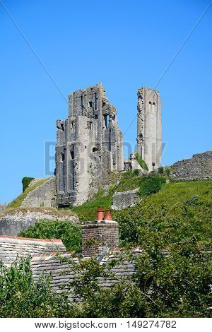 View of Corfe castle on the hilltop Corfe Dorset England UK Western Europe.