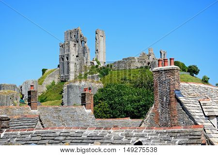 View of Corfe castle on the hilltop Corfe Dorset England UK Western Europe.