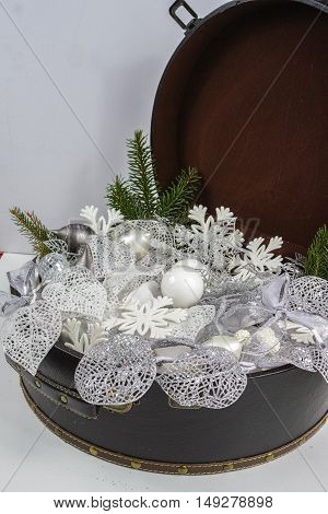 Vintage brown coffer with white christmas tree decoration copy space