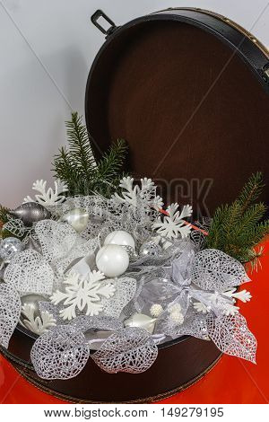 Vintage brown coffer with white christmas tree decoration copy space