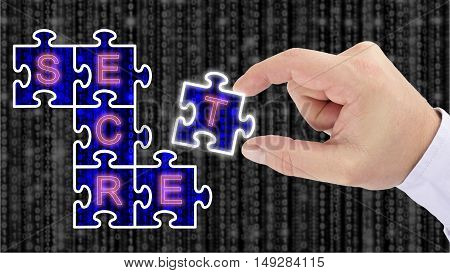 Hand putting together a puzzle revealing blue datastreams on top of a blurry grey digital matrix background stealing digital secrets concept