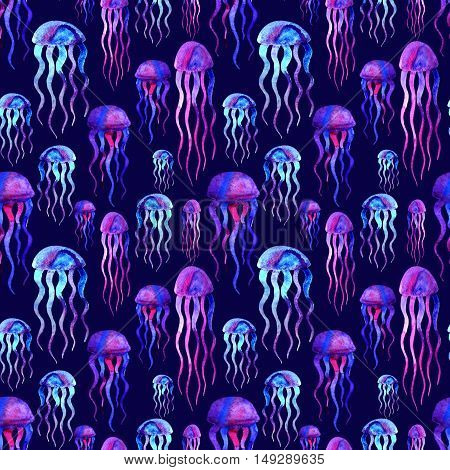 Hand drawn jellyfish. Watercolor pattern. Colorful endless Violet and blue