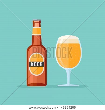 Brown bottle and glass with beer. Flat style icon. Vector illustration.