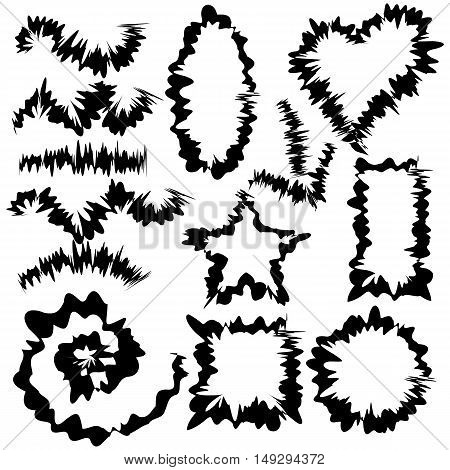 Black ink brush stroke on white for your design. Hand drawn frames spiral heart arrow and lines. Brush is included in brush palette. Vector illustration.