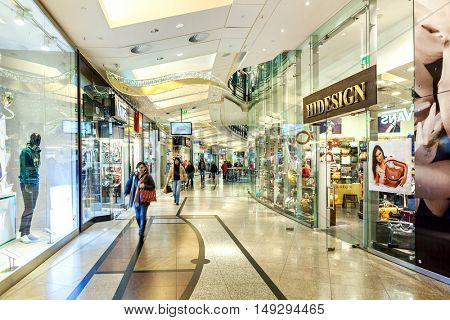 PRAGUE, CZECH REPUBLIC - DECEMBER 10, 2015: Interior of Palladium mall during Christmas holidays - one of the most popular shopping centers in Prague, has 5 floors, 184 shops and 23 restaurants.