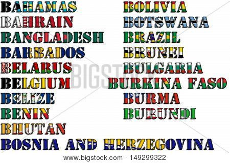 Country names in colors of national flags - full kit. Letter B.