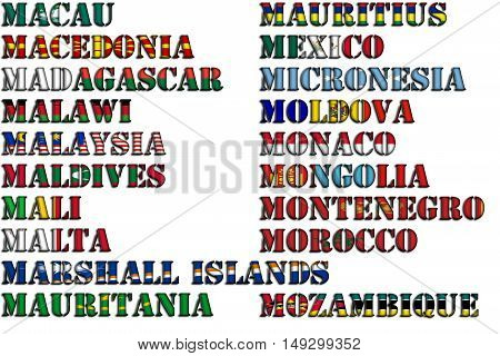 Country names in colors of national flags - full kit. Letter M.