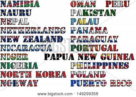 Country names in colors of national flags - full kit. Letters N, O, P.