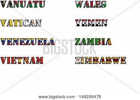 Country names in colors of national flags - full kit. Letters V, W, Y, Z.