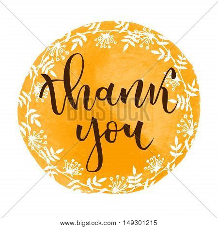 Thank you hand lettering greeting with white floral wreath on orange round watercolor background