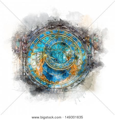 Prague Astronomical Clock (Orloj) in the Old Town Square in Prague, Czech Republic, Europe. Famous Landmarks in Praha - Watercolor art
