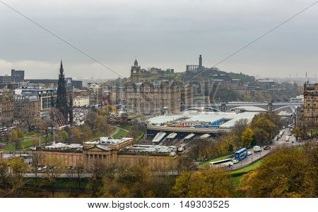 EDINBURGH, SCOTLAND - CIRCA NOVEMBER 2012: View on Edinburgh Waverley railway station from the castle esplanade.