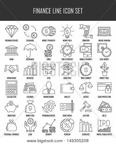 Modern thin line icons set of finance, investment, banking and money. Premium quality outline symbol collection. Simple mono linear pictogram pack for web graphics. Wallet, moneybox, coins and others.