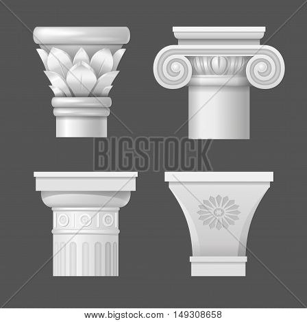 Set of ancient capitals for the columns of buildings in different styles in vector graphics