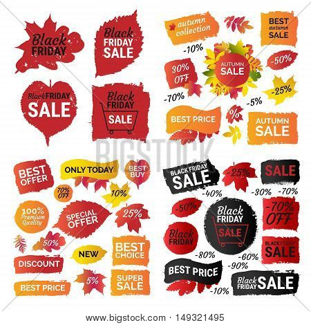 Gradient autumn leaves prints Black Friday sale best price gradient banner label round shape. Vector set collection of paint brush strokes isolated on white background. Hand drawn design elements.