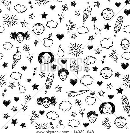 Seamless pattern with children, flowers, sun, stars. Vector background. Doodle drawing.