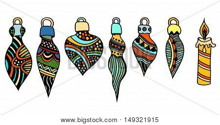 Colored Christmas toys set. New Year, doodling. Retro Vintage Merry Christmas Background, Hand Drawn, Vector illustration