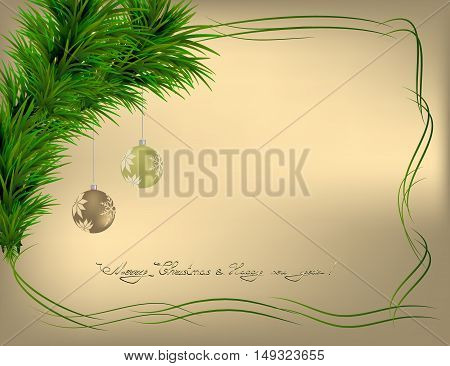 Christmas gold backdround with green frame and balls