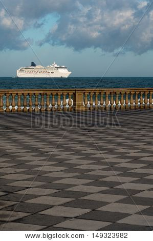 Livorno' s Mascagni Terrace and White Ferry-boat in Background Tuscany - Italy