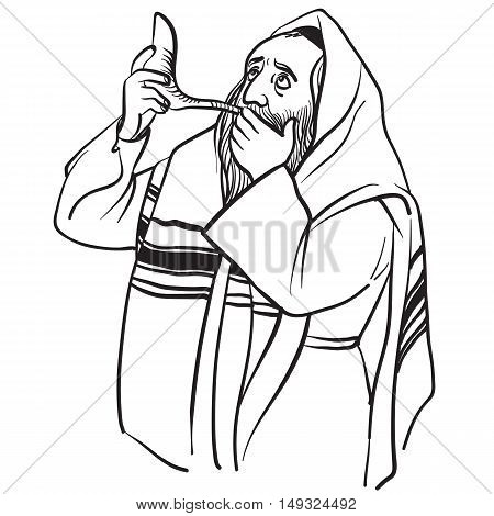 Rosh hashana card - Jewish New Year. Jewish man praying and blowing the shofar. vector illustration