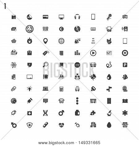 Big set of black flat icons on white background