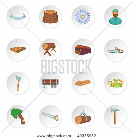 Timber industry icons set in cartoon style. Lumberjack equipment set collection vector illustration