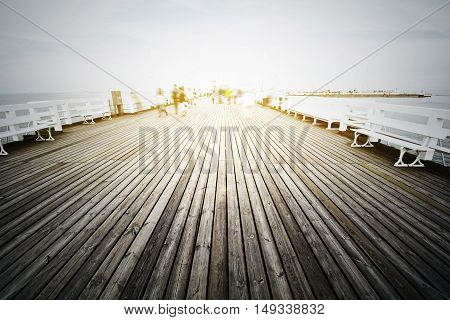 Wooden pier in Sopot Poland. Jetty on the water. Baltyk sea.