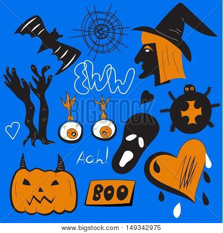 Quirky pin patches halloween. Set of vector holiday icons, badges, labels isolated. Hand-drawn doodles, witch, pumpkin, spider, eyeballs, spider webs, hat, hands ghost Collection of design elements