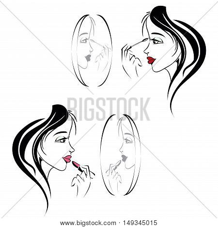 cute girl doing her makeup in the mirror, stock vector illustration