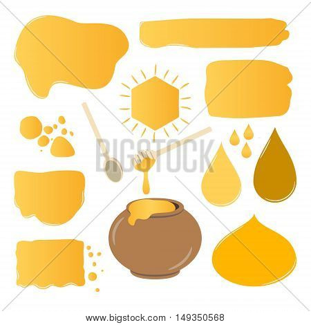 Honey jar drips labels brush strokes set. Vector shapes collection isolated on white background. Beekeeping products. Honey design elements set.